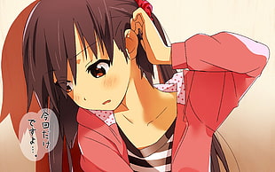 female anime character with brown hair wearing pink jacket