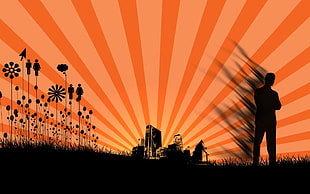 silhouette of man, computer and flowers with orange background digital art