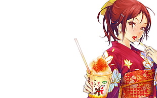 female anime character holding cup with straw HD wallpaper