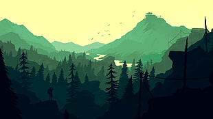 pine trees and mountain cartoon photo, Firewatch, video games, landscape