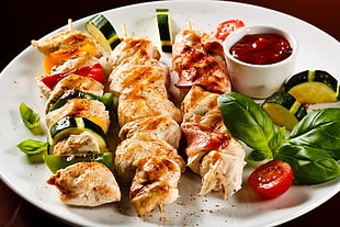 chicken barbecue with vegetables and dip HD wallpaper