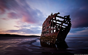 brown wooden table with chair, nature, landscape, wreck, shipwreck HD wallpaper