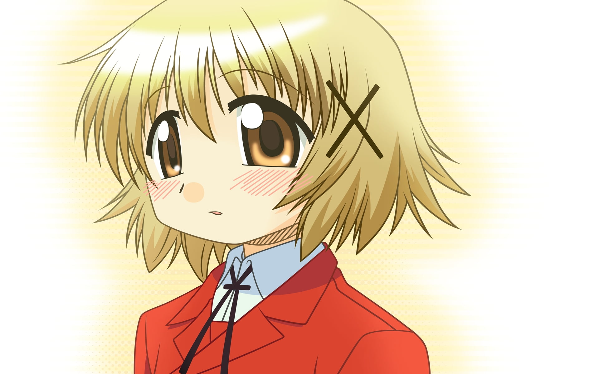 female wearing red notch lapel top anime character