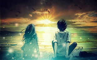 male and female anime character on beach digital wallpaper, anime, fantasy art, digital art, photo manipulation