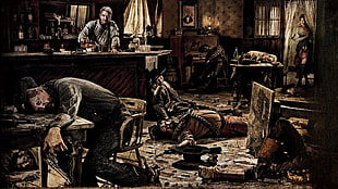 man in the bar surrounded by death people on the ground painting, Red Dead Redemption, video games HD wallpaper