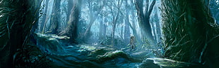 person walking on woods digital artwork HD wallpaper