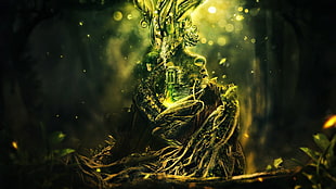 green tree illustration, roots, trees, door, branch HD wallpaper