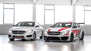 two silver-and-red Mercedes-Benz sedans, car, Mercedes-Benz, silver cars, vehicle