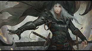 fantasy art, sword, cloaks, white hair HD wallpaper