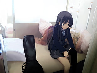 black haired female anime character sitting on bed HD wallpaper