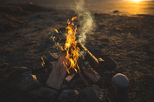 gray stone and bonfire, fire, rock, wood, sunset HD wallpaper