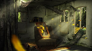 sunflower painting on chair, digital art, painting, nature, spiderwebs HD wallpaper