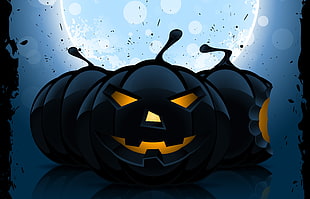 three black and orange jack-o-lantern stickers under new moon digital wallpaper