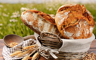 two brown breads on brown wicker basket HD wallpaper