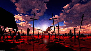 silhouette of crosses under cloudy sky during daytime HD wallpaper