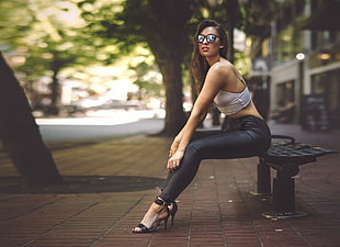 women's black skinny jeans, women, sitting, women with glasses, high heels HD wallpaper