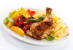 fried chicken with fries and grilled tomato serve on white ceramic plate HD wallpaper