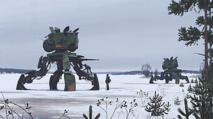 two green war machine robot on field full of snow HD wallpaper