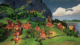 illustration of houses near mountain HD wallpaper