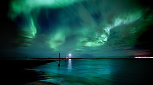 aurora borealis, night, sky, lighthouse, sea HD wallpaper