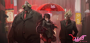 black haired woman anime character standing under umbrella near two men wearing gray suits HD wallpaper