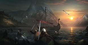 videogame digital wallpaper, digital art, sailing ship, Sergey Zabelin, Vikings HD wallpaper