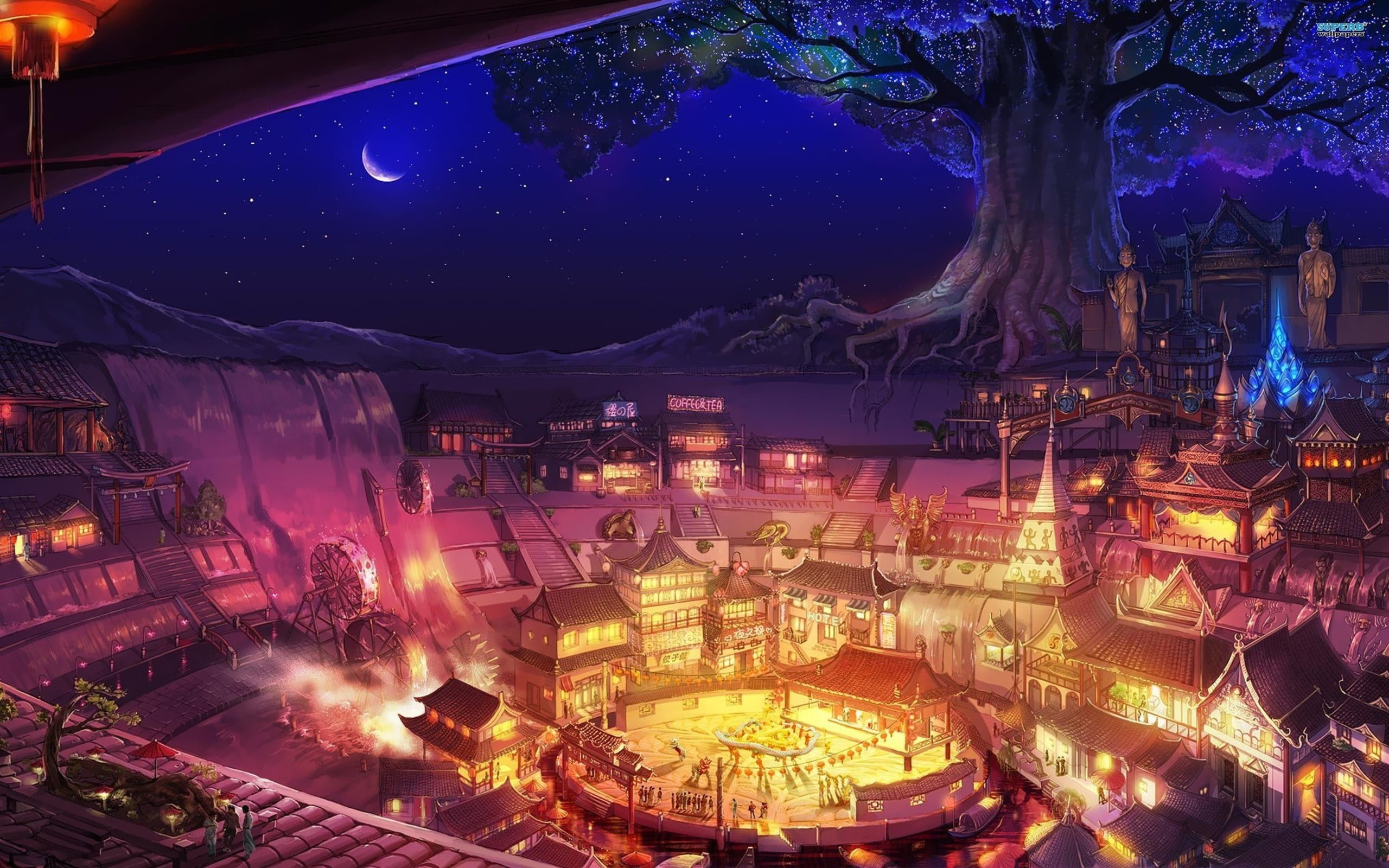 village with tree of life digital wallpaper, fantasy art, trees, people, fantasy city