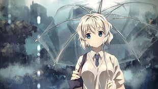white-haired female character, original characters, rain, Yuuki Tatsuya, blue eyes HD wallpaper