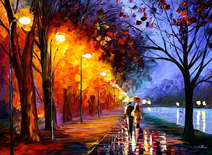 two person walking beside body of water painting HD wallpaper