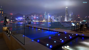 brown wooden bridge, city, night, lights, architecture