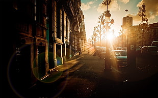 black metal light post, city, car, sunlight