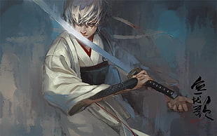 male holding samurai anime character painting, Gintama, samurai, Sakata Gintoki, anime boys HD wallpaper