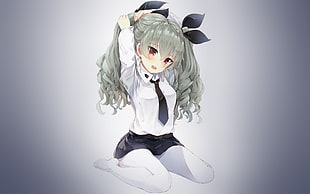 gray-haired female anime character illustration, ribbon, tie, skirt HD wallpaper