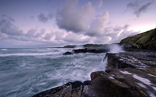 rock formation, landscape, clouds, sky, sea