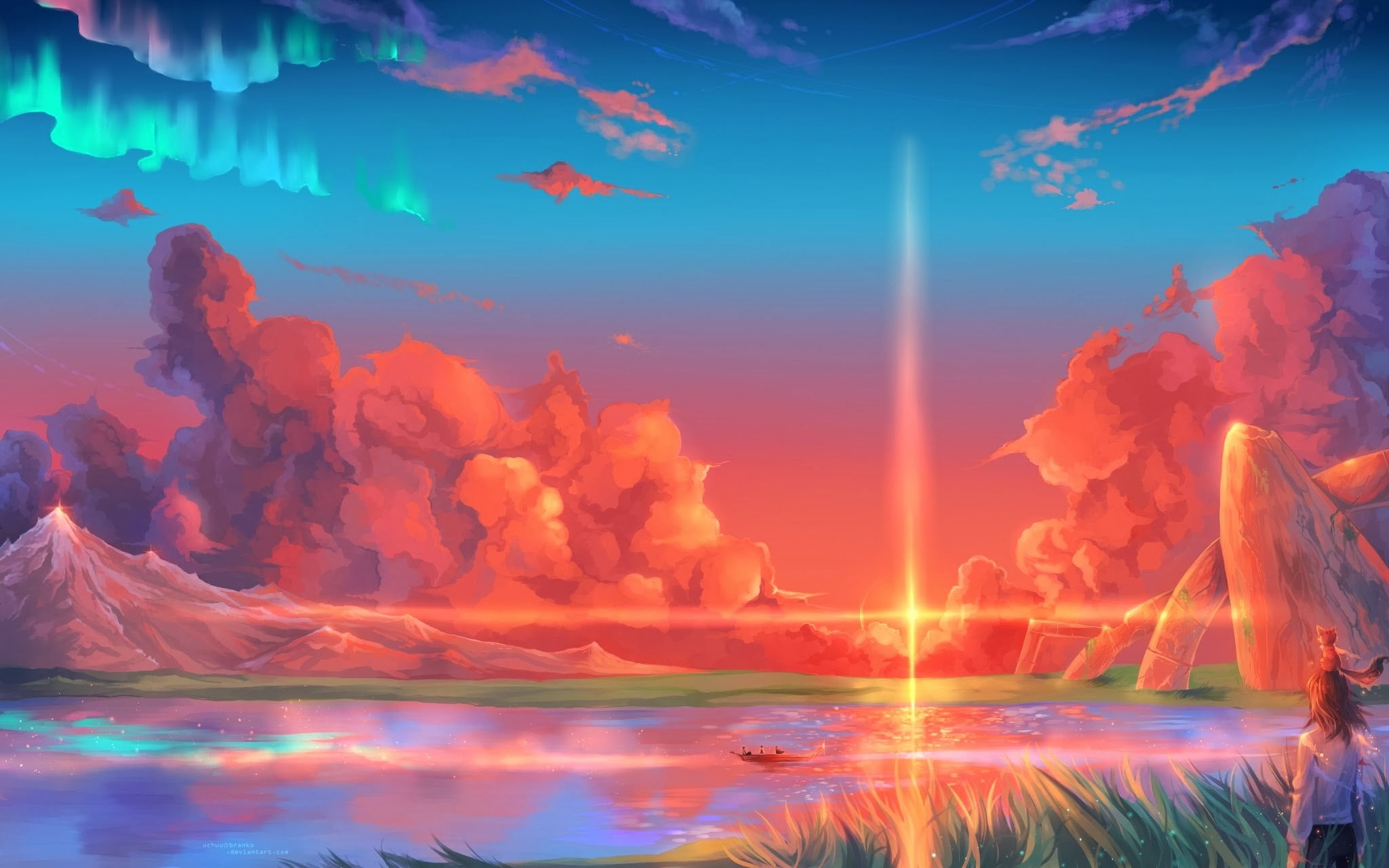 Orange Sunset Illustration Fantasy Art Sky Anime Clouds Hd