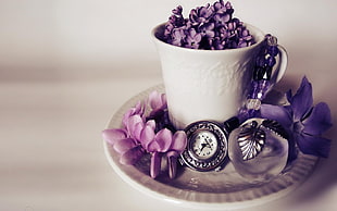 pocket watch beside flowers and cup with purple Lilac flower HD wallpaper