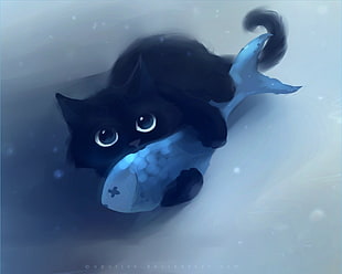 black cat catching gray fish painting, cat, fish, cartoon, Apofiss HD wallpaper