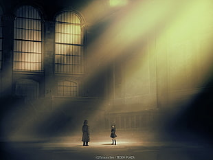 female anime character illustration, train station, people, city hall, lights HD wallpaper