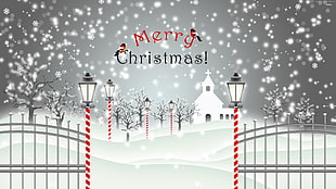 Merry Christmas! text with street lamp and snowflakes background HD wallpaper