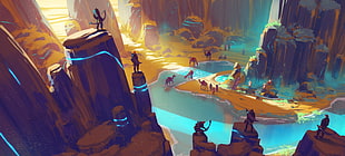 rock formation and animals game illustration, fantasy art, water, canyon, Duelyst HD wallpaper