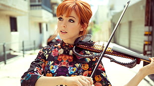 women's red and black floral long-sleeved shirt and black electric violin, women, redhead, face, women outdoors HD wallpaper