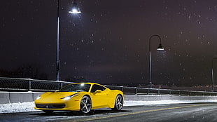 yellow Ferrari 458 Italia at night during snow HD wallpaper