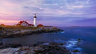 white lighthouse, photography, nature, clouds, sunset