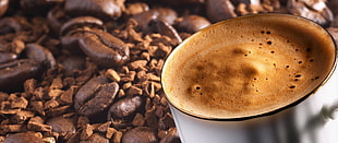 white ceramic mug, ultra-wide, coffee, coffee beans, foam