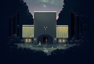 gray concrete building between trees at nighttime illustraiton, Superbrothers: Sword & Sworcery EP, video games HD wallpaper