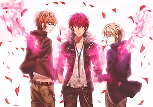 three men in black jacket anime characters HD wallpaper