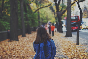 selective focus photo of a woman wearing blue Jansport backpack standing on pathway surrounded by trees near roadway