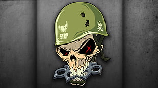 skull wearing green tactical helmet decal, minimalism, Five Finger Death Punch, skull, helmet HD wallpaper