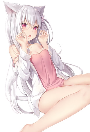 gray haired female anime character wearing pink dress illustration, amashiro natsuki, original characters, white background, simple background