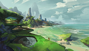 illustration of mountain and sea, digital art, fantasy art, nature, landscape HD wallpaper